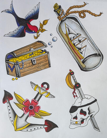 Old School alcohol marker, liner & colored pencil