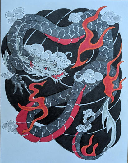 ドラゴン alcohol marker, liner & colored pencil